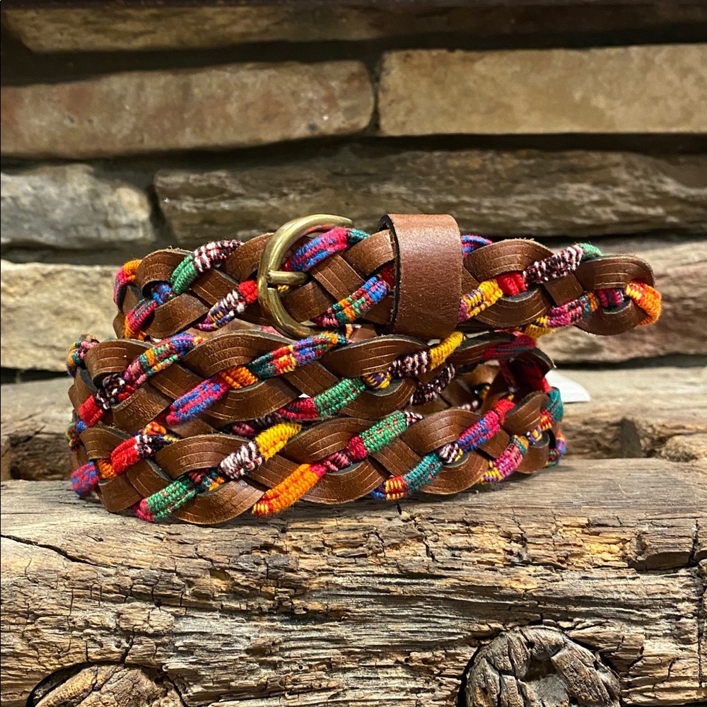 Braided leather and multicolor fabric thin belt like new condition - Picture 2 of 9